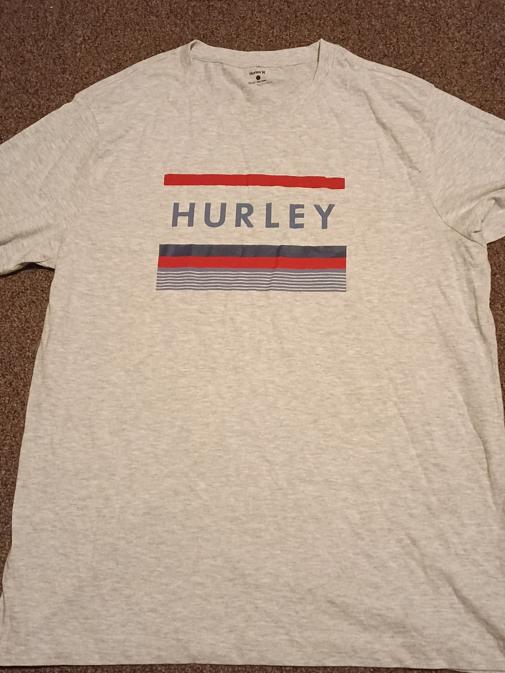 Hurley Men’s Crew T-Shirt in Light Gray with Red & Blue Logo